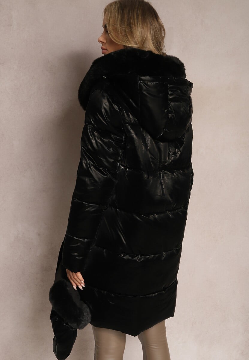 Czarna Kurtka Płaszcz z Ozdobnym Pikowaniem z Futerkiem i Rękawiczkami Sicilba