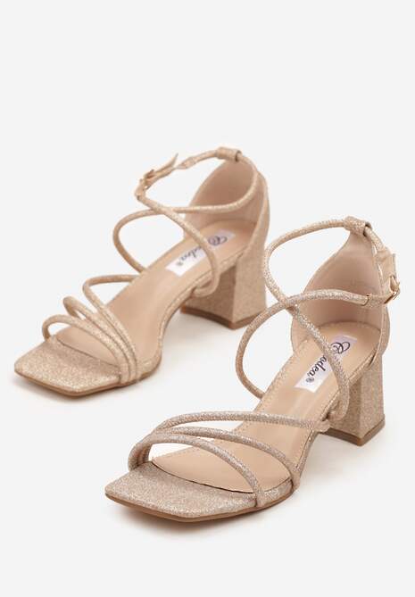 Szampańskie Brokatowe Sandały na Słupkowym Obcasie Dollinea