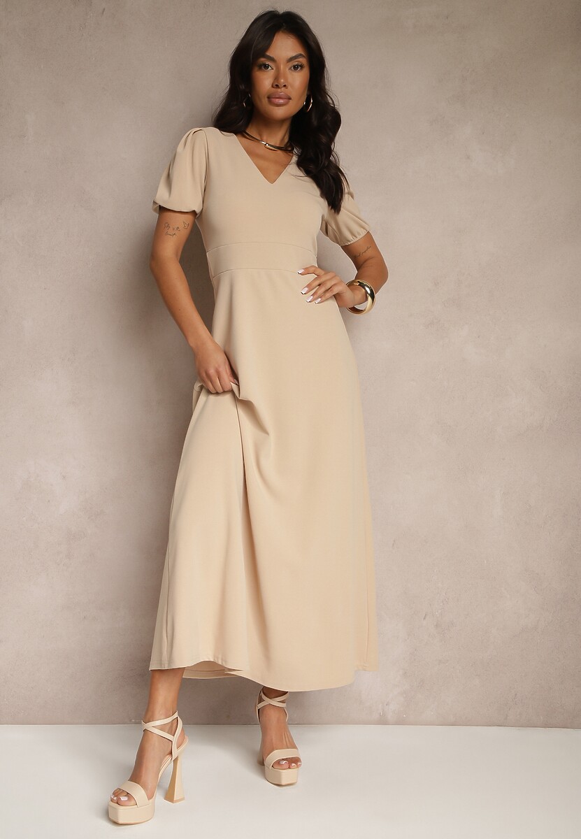 Niebieska Rozkloszowana Sukienka z Lekko Bufiastymi Rękawami i Dekoltem V Efrusae