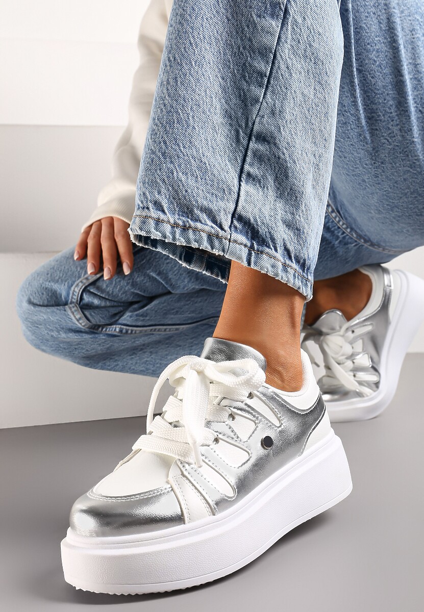 Biało-Srebrne Sneakersy na Grubej Podeszwie przed Kostkę Alisis