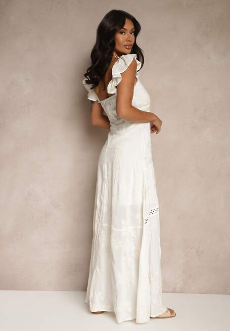 Biała Rozkloszowana Sukienka z Wiskozy z Haftami Lumirieve