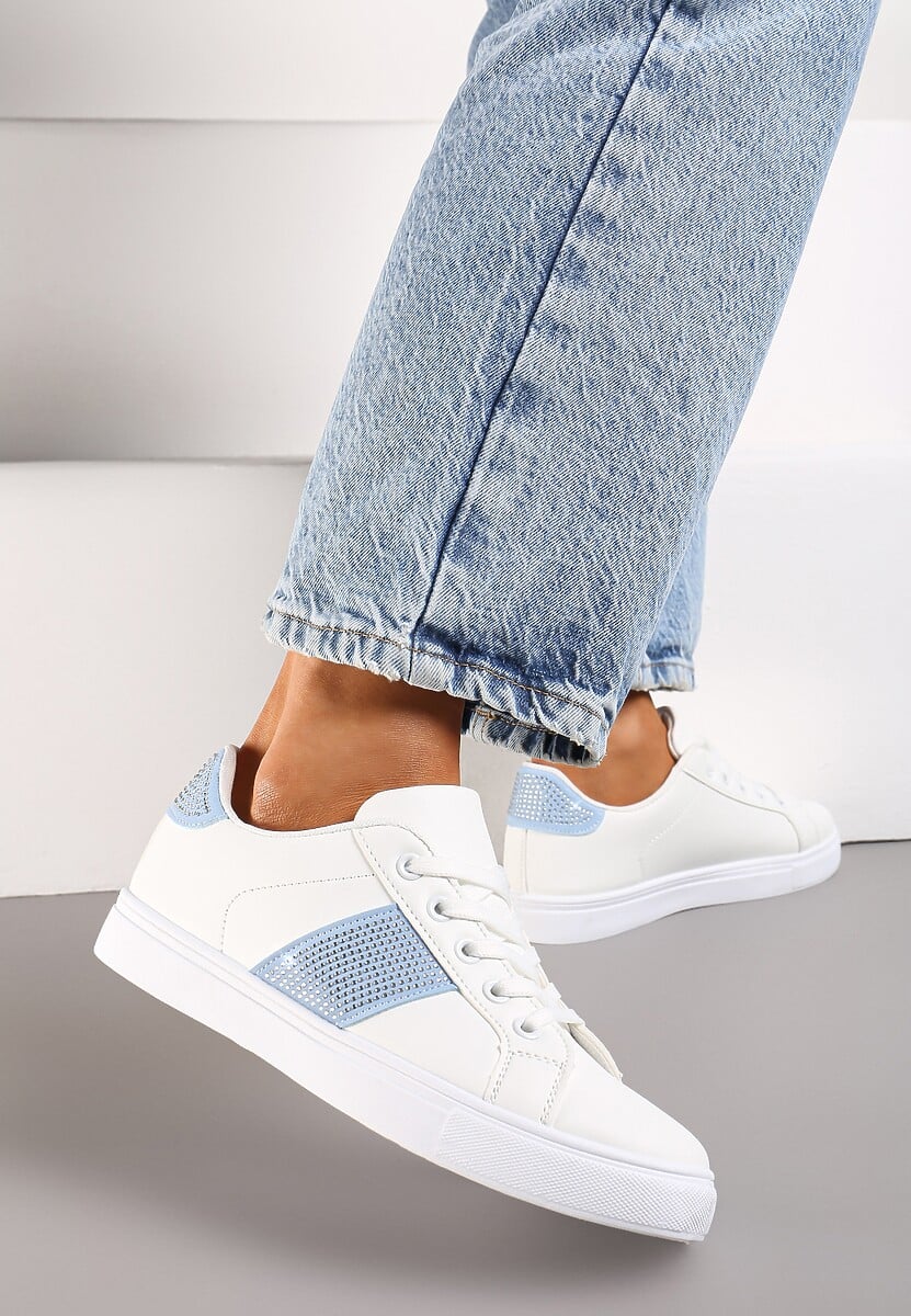 Biało-Niebieskie Sneakersy ze Wstawkami Pokrytymi Cyrkoniami Almarie