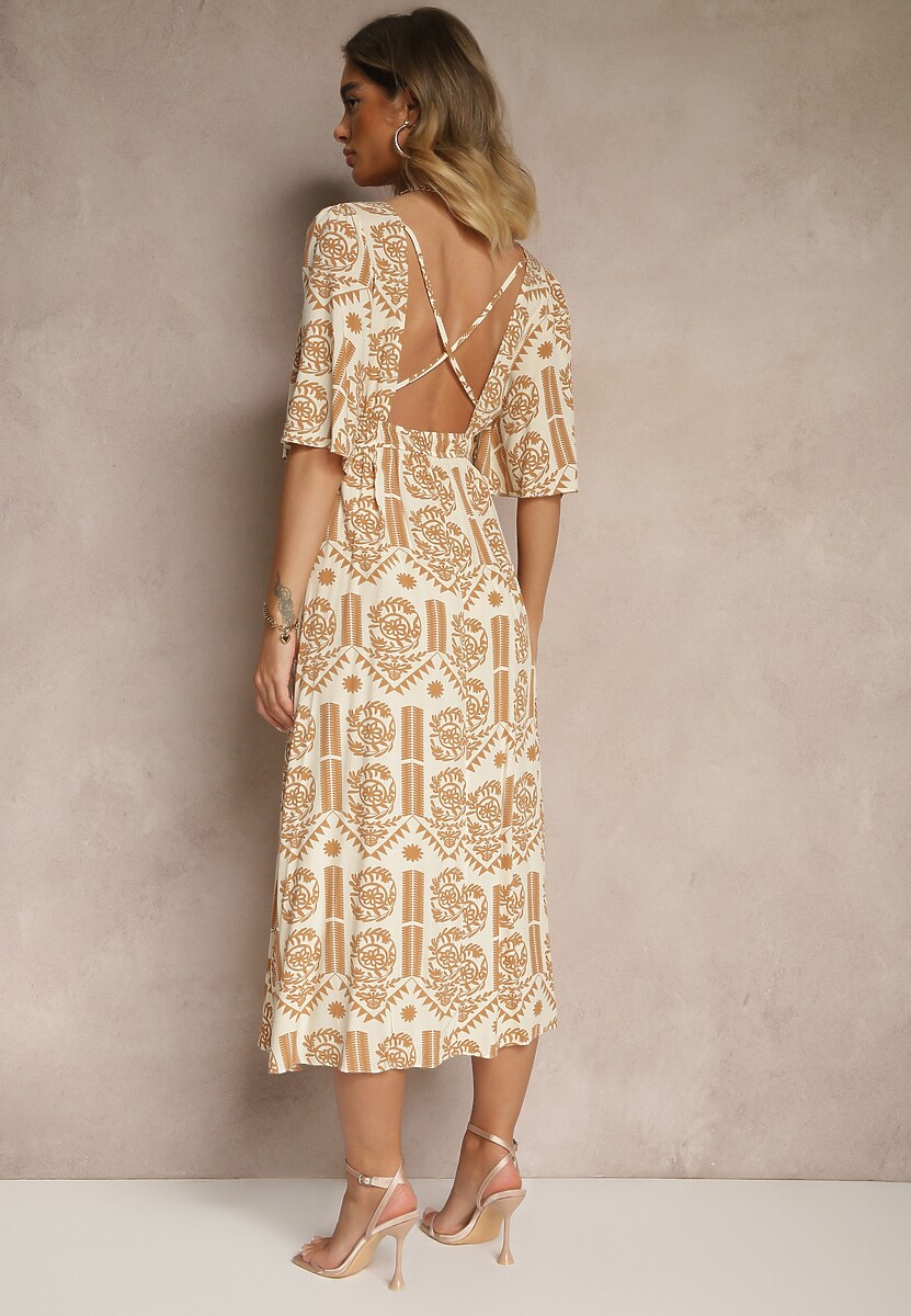 Ciemnobeżowa Sukienka Boho Rozkloszowana z Wiskozy z Odkrytymi Plecami Tuvria