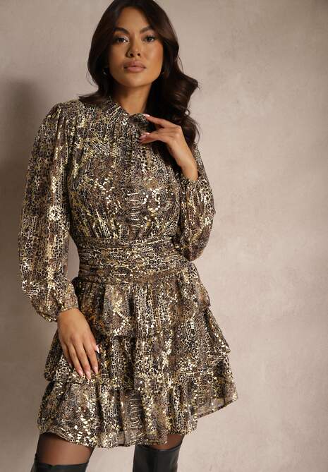 Brązowa Koktajlowa Panterkowa Sukienka z Gumkami w Pasie Ozdobiona Falbankami Quinthelia