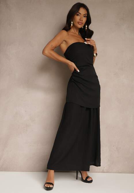 Czarna Sukienka Koktajlowa z Dekoltem Bandeau Ozdobiona Marszczeniem Folimmea