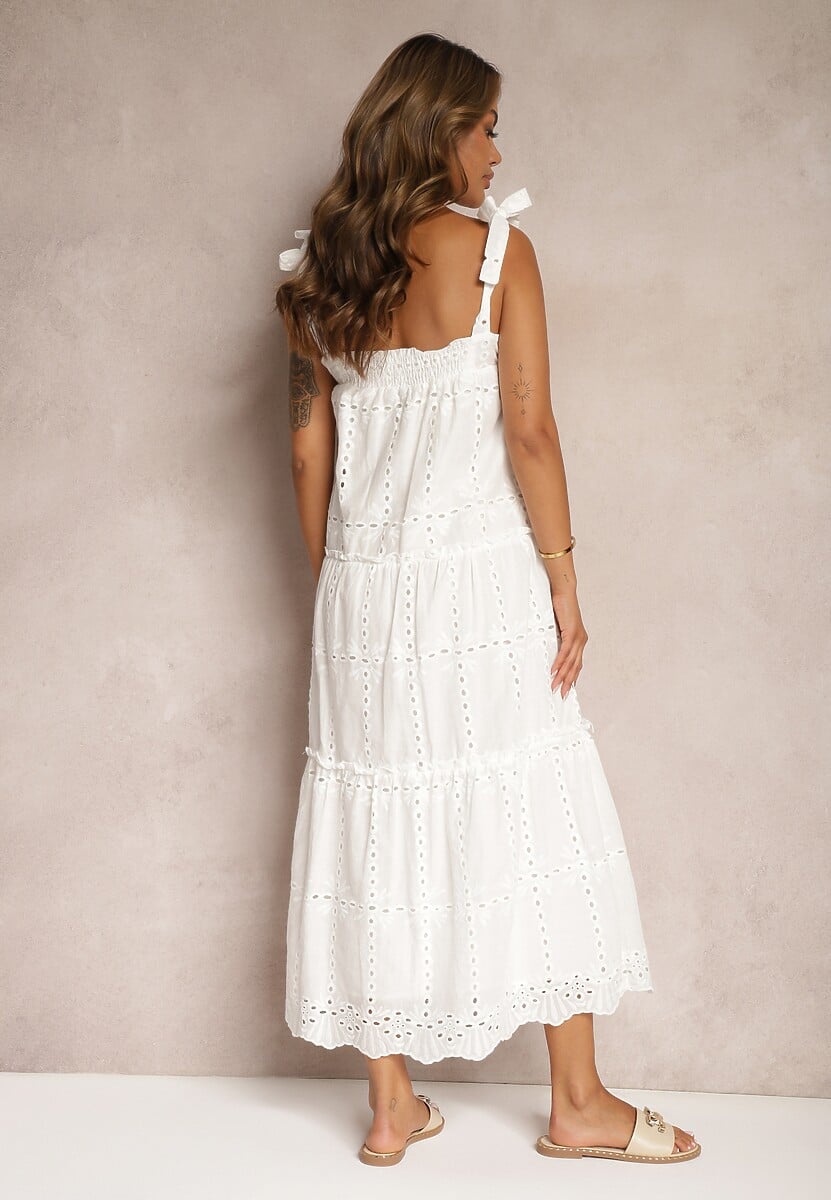 Biała Sukienka na Ramiączkach z Bawełny z Ozdobnym Haftem i Kokardkami Rennea