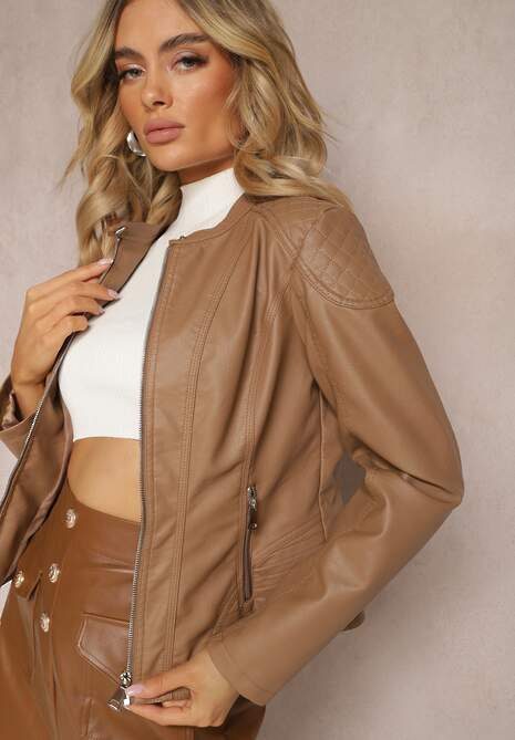 Brązowa Ramoneska Kurtka z Ekoskóry Zapinana pod Szyją Orifaga