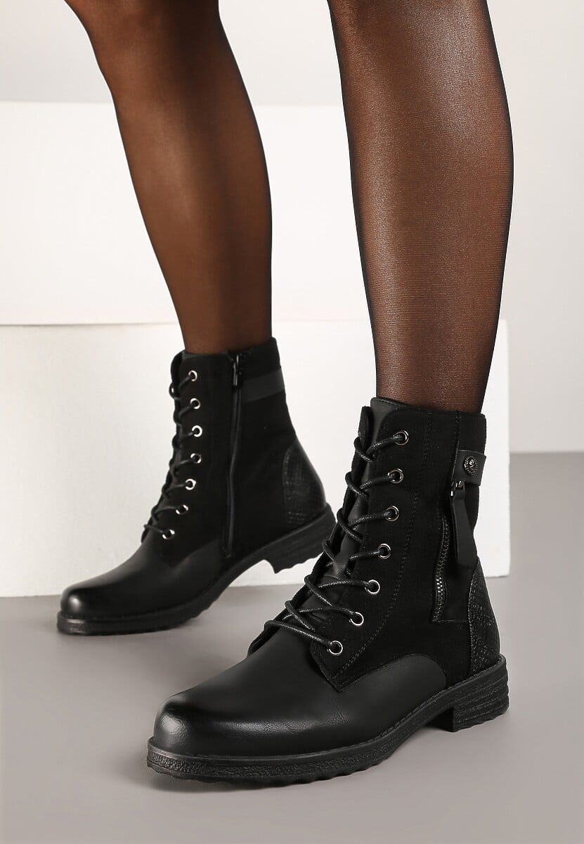 Czarne Botki Workery Ozdobione Suwakiem i Wstawkami z Imitacji Zamszu Esanotte