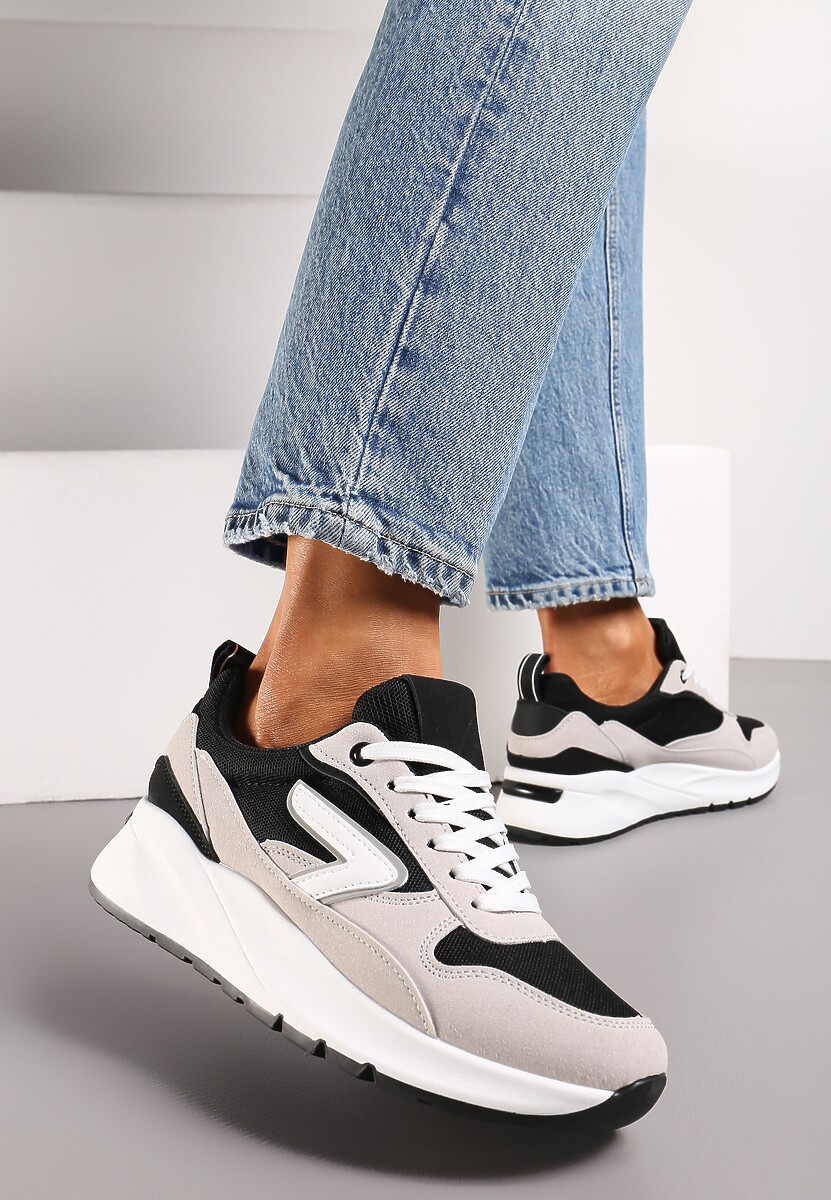 Czarno-Beżowe Sneakersy na Grubej Podeszwie z Materiałowymi Wstawkami i Ozdobnymi Przeszyciami Orbane