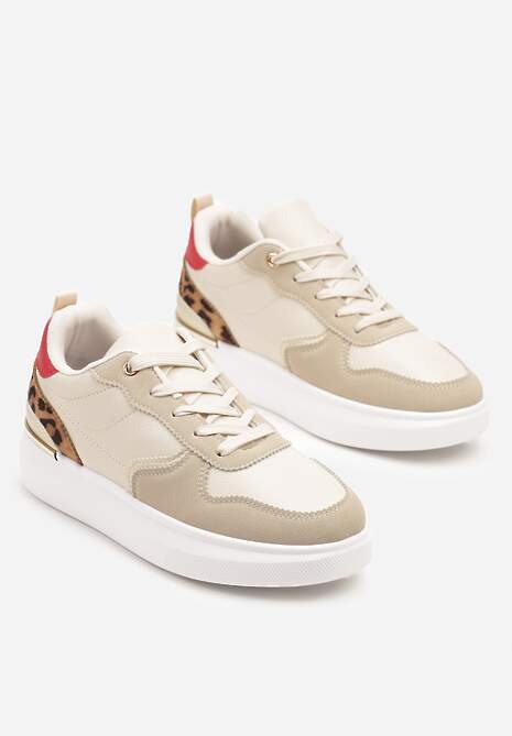 Beżowe Sneakersy z Metalicznymi Aplikacjami Ozdobione Wzorem w Panterkę Terlexia