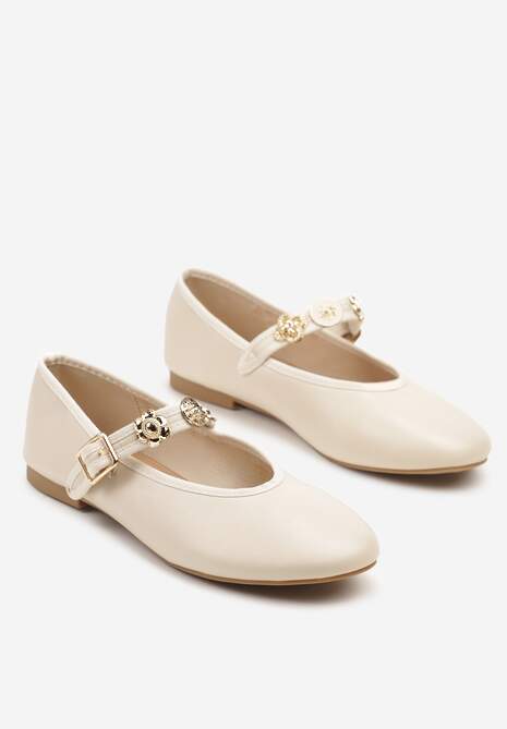 Beżowe Balerinki Mary Jane Ozdobione Paskiem Ovanne