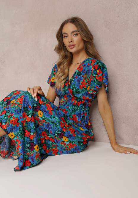 Niebieska Rozkloszowana Sukienka Maxi z Gumką w Pasie z Wiskozy Femia