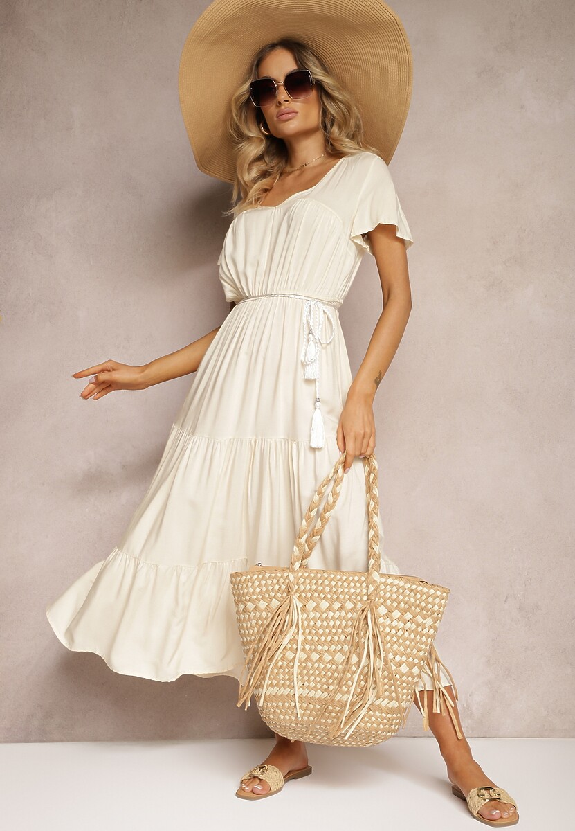 Czerwona Sukienka z Wiskozy o Rozkloszowanym Kroju z Falbanami Jonmy