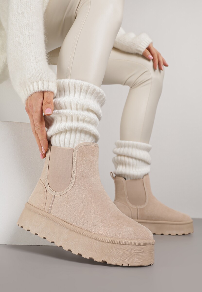 Beżowe Śniegowce na Platformie Typu Sztyblety Ahelina