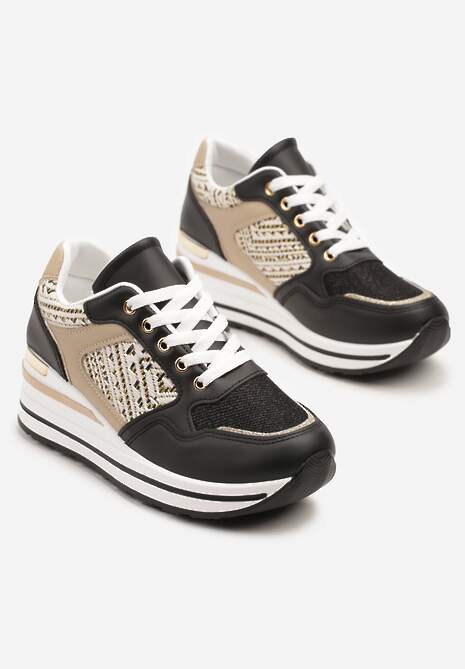 Czarne Sneakersy na Koturnie z Geometrycznym Wzorem i Brokatem Tillineira