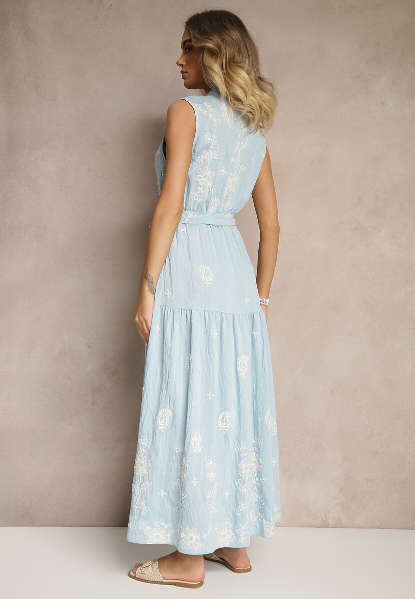 Jasnoniebieska Sukienka Bez Rękawów z Koszulową Górą Ozdobiona Haftem Mepiora