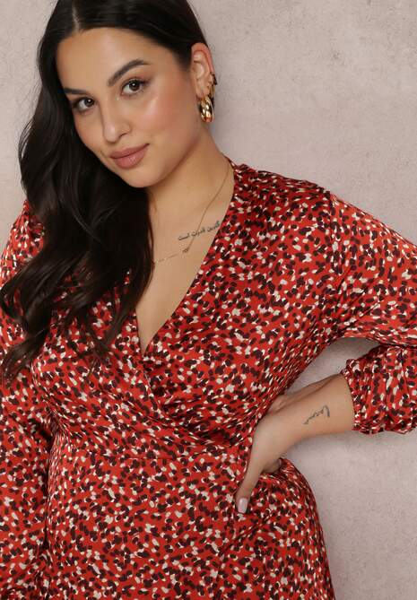 Czerwona Sukienka Kopertowa z Gumką w Pasie Levo