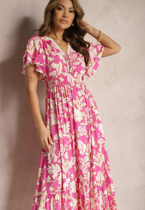 Różowa Sukienka z Wiskozy z Krótkim Rękawem Wiązana z Przodu Marszczona w Pasie Tessam