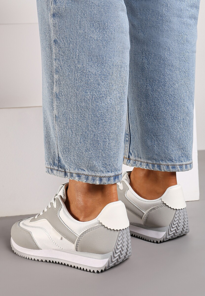 Szare Sneakersy na Płaskiej Podeszwie z Metalicznym Wykończeniem Zelmora