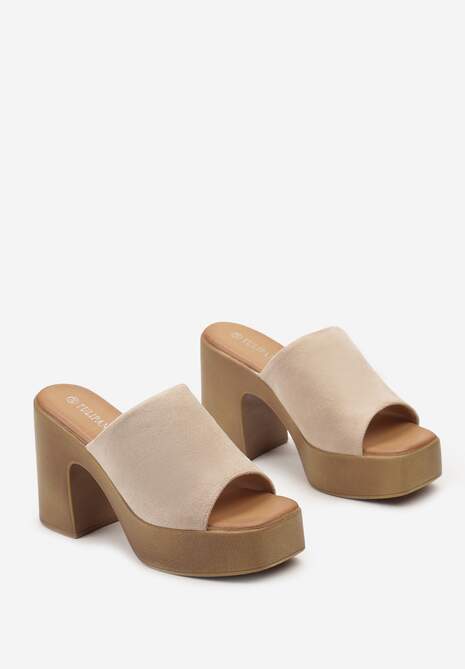 Beżowe Klapki na Słupku w Typie Chodaków z Noskiem w Kwadrat Oriantha