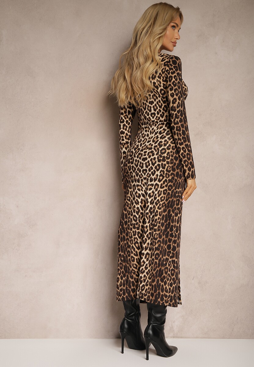 Brązowo-Czarna Sukienka o Taliowanym Kroju z Asymetrycznie Wyciętym Dekolem i Rozcięciem Sairel