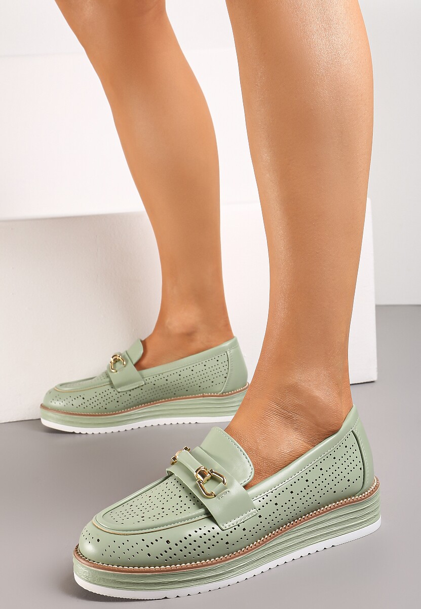 Zielone Ażurowe Półbuty z Minimalistyczną Klamerką Narielle