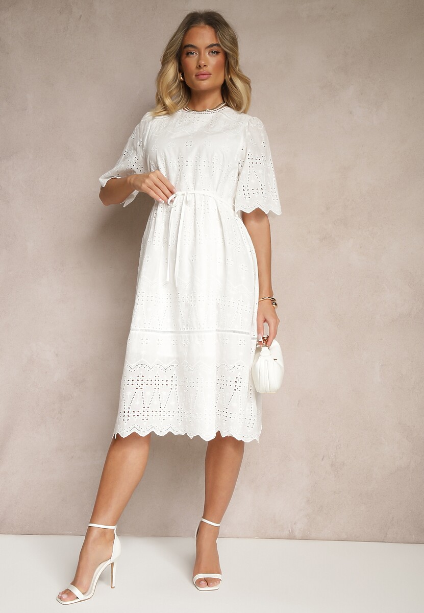 Biała Sukienka Ażurowa z Bawełny z Paskiem Nilozi
