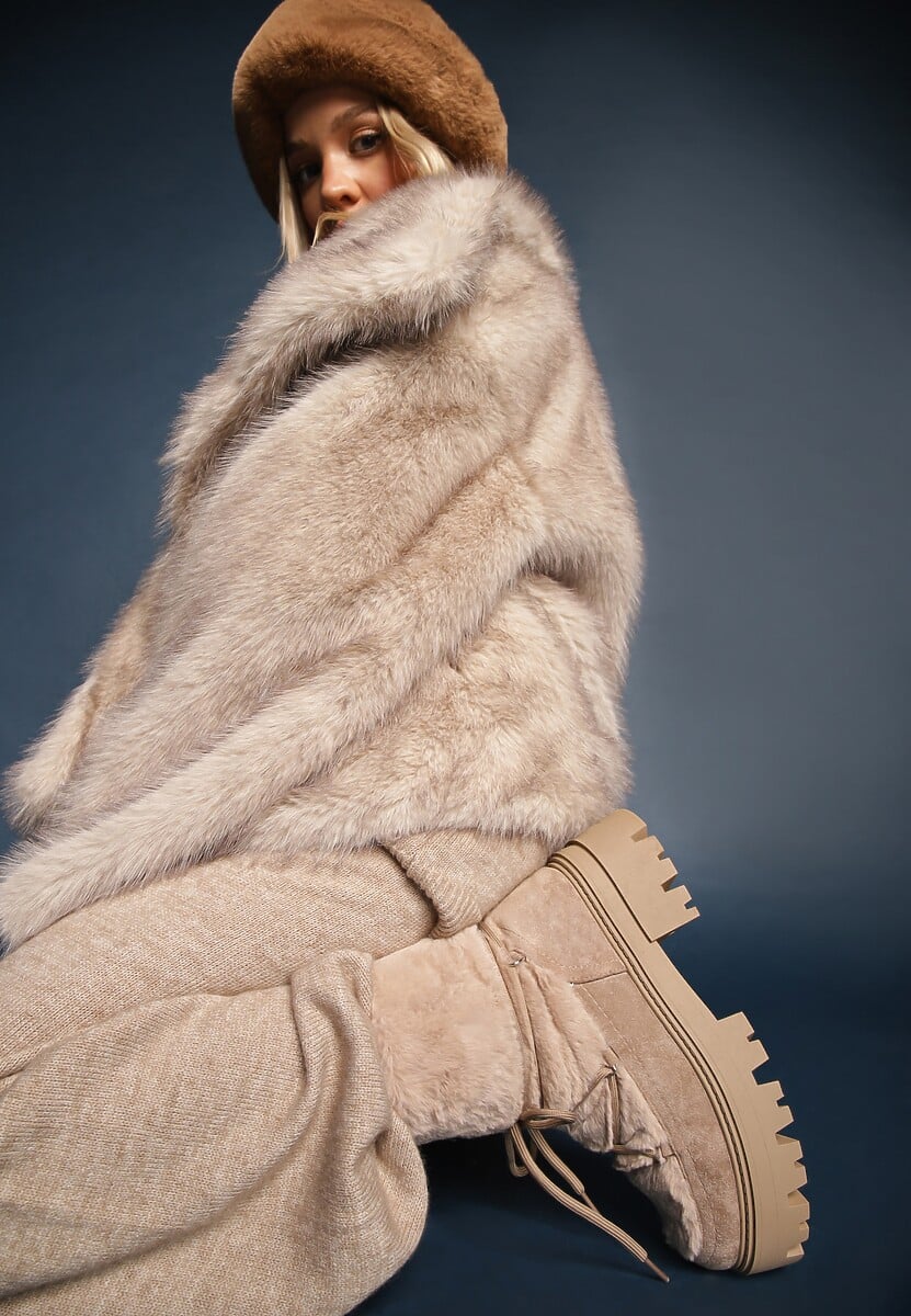 Ciemnobeżowe Botki z Futerkiem na Platformie z Ozdobnym Wiązaniem Cotara