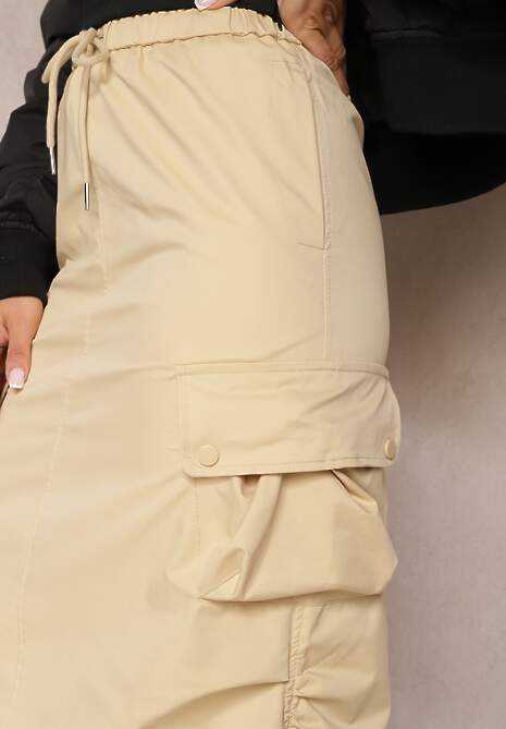 Beżowa Marszczona Spódnica Midi w Stylu Cargo z Gumką w Talii Gacieam