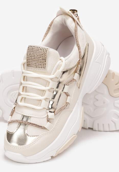 Beżowe Sneakersy Ozdobione Sznureczkiem z Cyrkoniami Nathanias