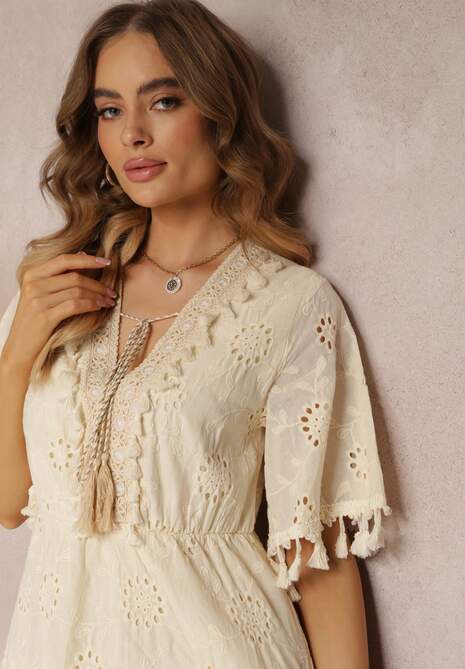 Jasnobeżowa Haftowana Sukienka Mini z Gumką w Pasie i Frędzelkami Maryread