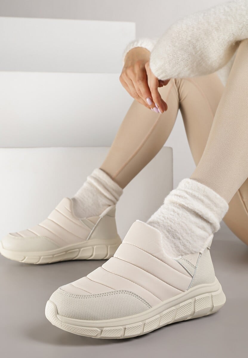 Beżowe Sneakersy Śniegowce na Platformie z Tłoczeniem i Pikowaną Cholewką Vermina