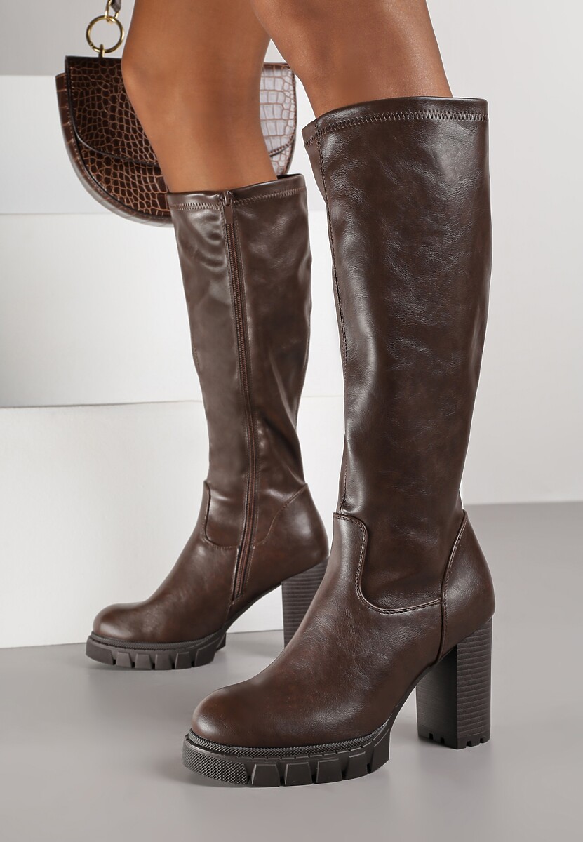 Brązowe Kozaki na Słupku i Platformie z Dopasowaną Cholewką Latallea