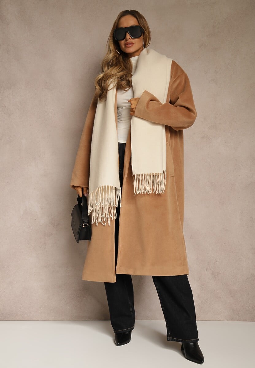 Jasnobeżowy Szalik z Bawełny i Wiskozy o Klasycznym Fasonie z Frędzlami Vetirosa