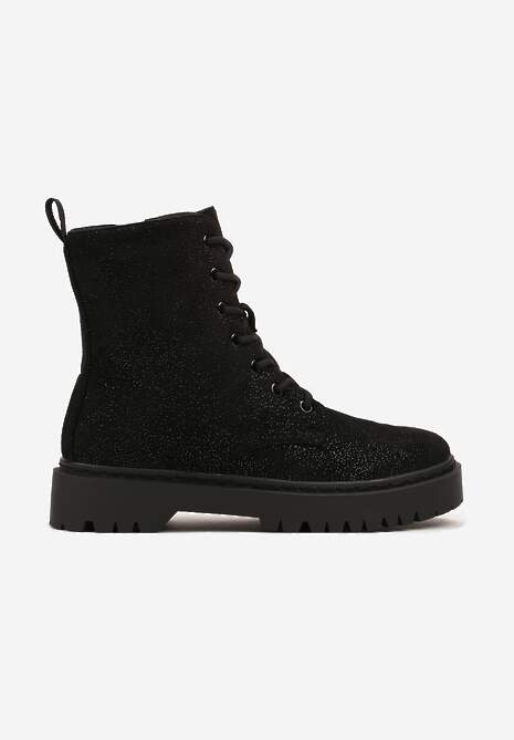 Czarne Botki Workery na Płaskiej Podeszwie Ozdobione Brokatem Lilitia