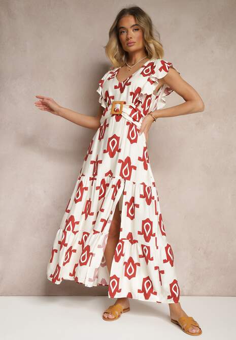 Biało-Czerwona Wiskozowa Sukienka w Geometryczny Wzór z Paskiem z Klamrą Viriala