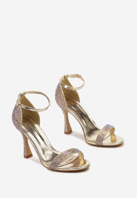 Złote Brokatowe Sandały na Klepsydrowej Szpilce z Drobnymi Cyrkoniami Isoldis