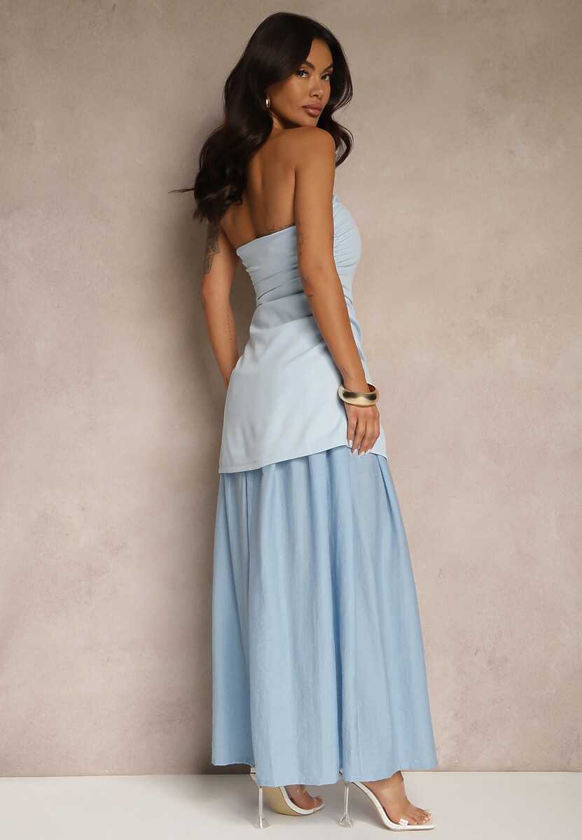 Niebieska Sukienka Koktajlowa z Dekoltem Bandeau Ozdobiona Marszczeniem Folimmea