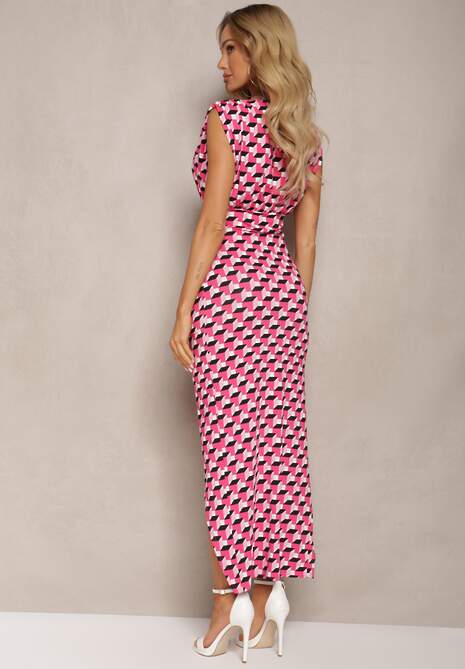 Różowo-Czarna Dopasowana Sukienka Maxi z Marszczeniem i Rozcięciem Kalalia