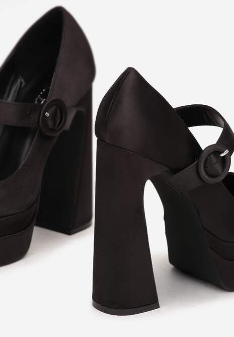 Czarne Czółenka Satynowe na Wysokim Słupku i Platformie Zoyi