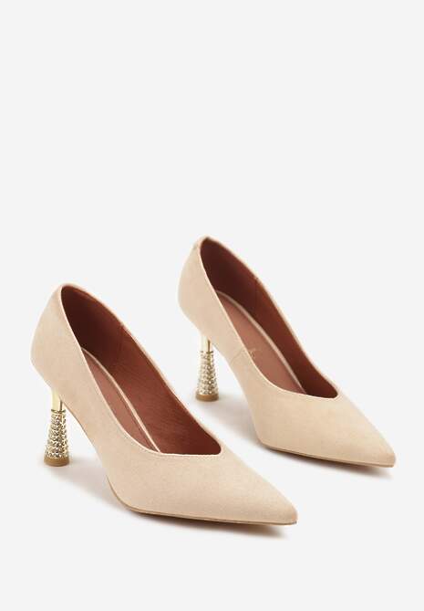 Beżowe Szpilki Vices z Wkładką ze Skóry Naturalnej Ozdobione Cyrkoniami Gioriana