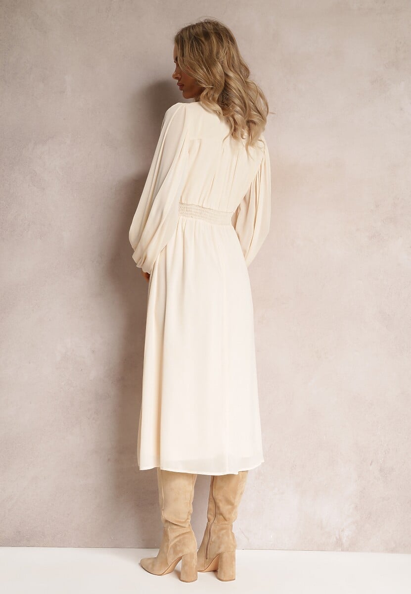 Beżowa Rozkloszowana Sukienka Midi z Gumkami w Talii i Koronką Ottillda