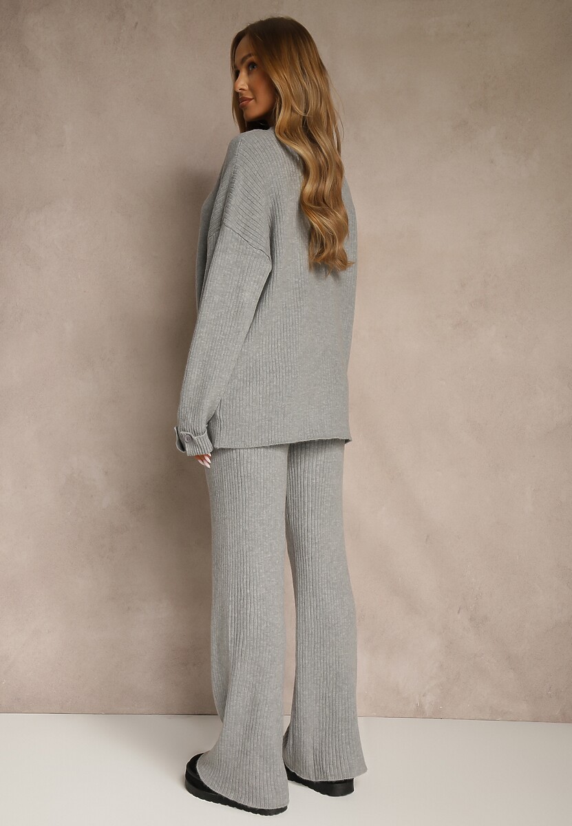 Ciemnoszary Komplet z Wełną i Bawełną Sweter z Guzikami i Szerokie Spodnie Reinelia