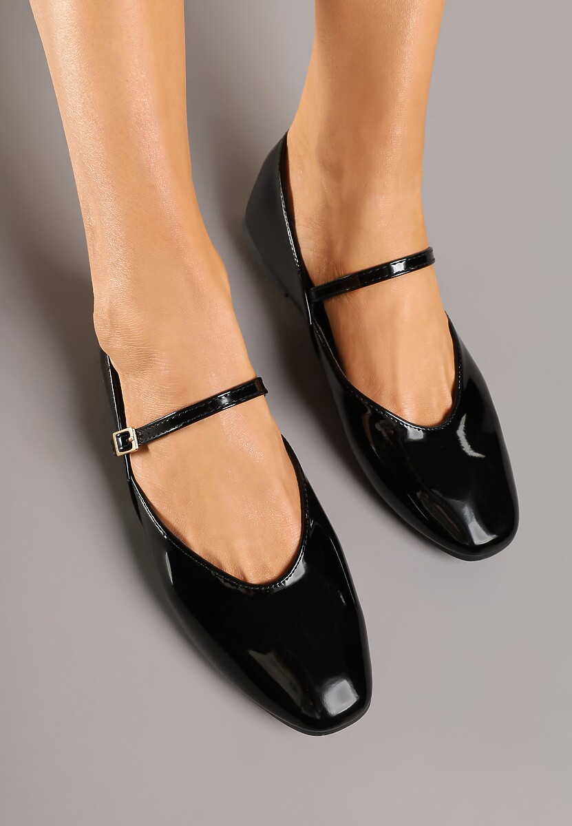 Czarne Błyszczące Balerinki Vices z Paseczkiem ze Sprzączką i Ozdobnym Przeszyciem Desorila
