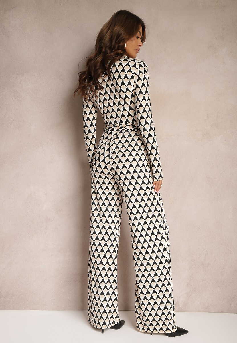 Beżowy Kombinezon z Kopertowym Dekoltem i Wiązanym Paskiem Tallsend