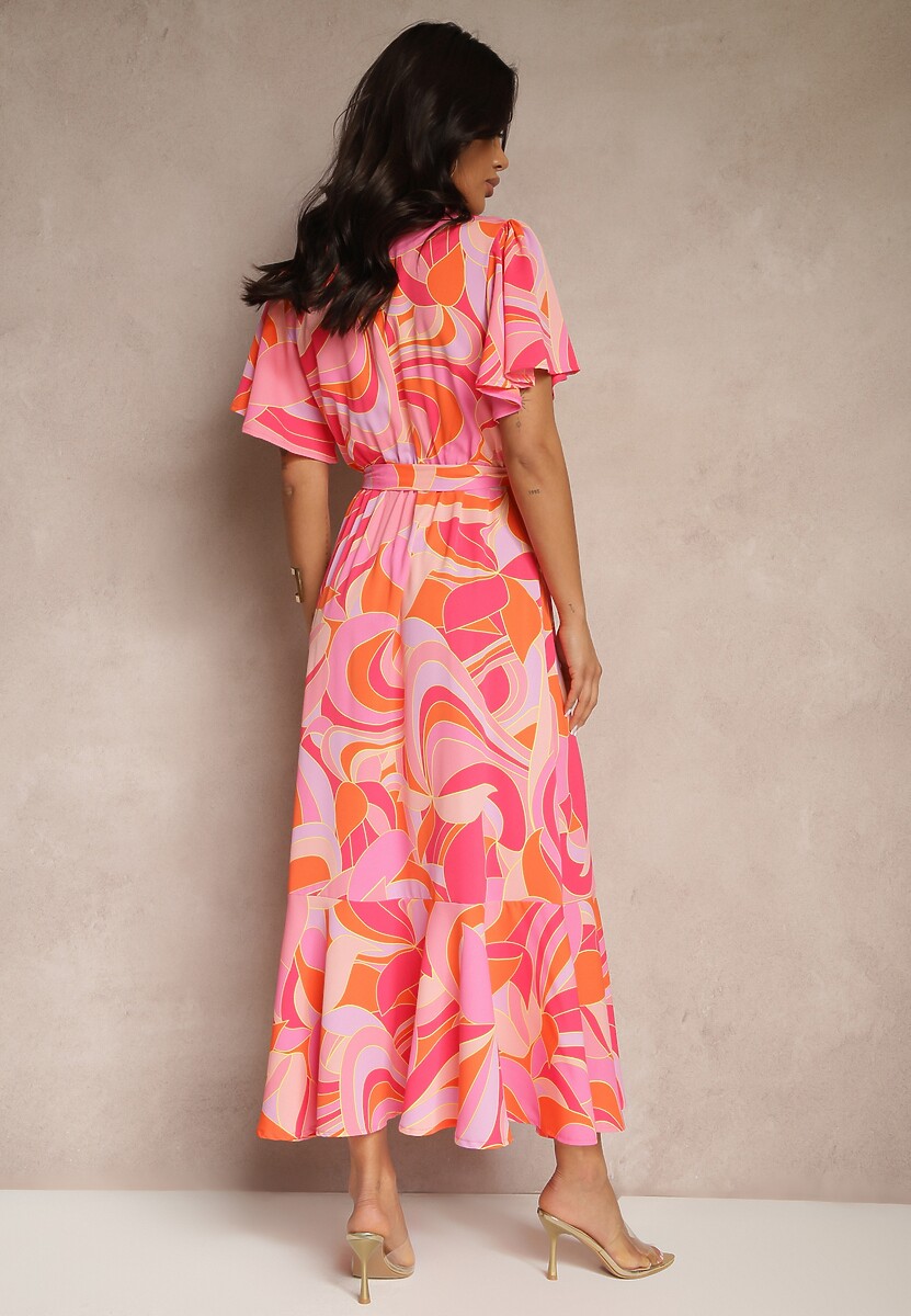 Czerwona Kopertowa Sukienka o Rozkloszowanym Kroju z Wiązanym Paskiem Zarelara