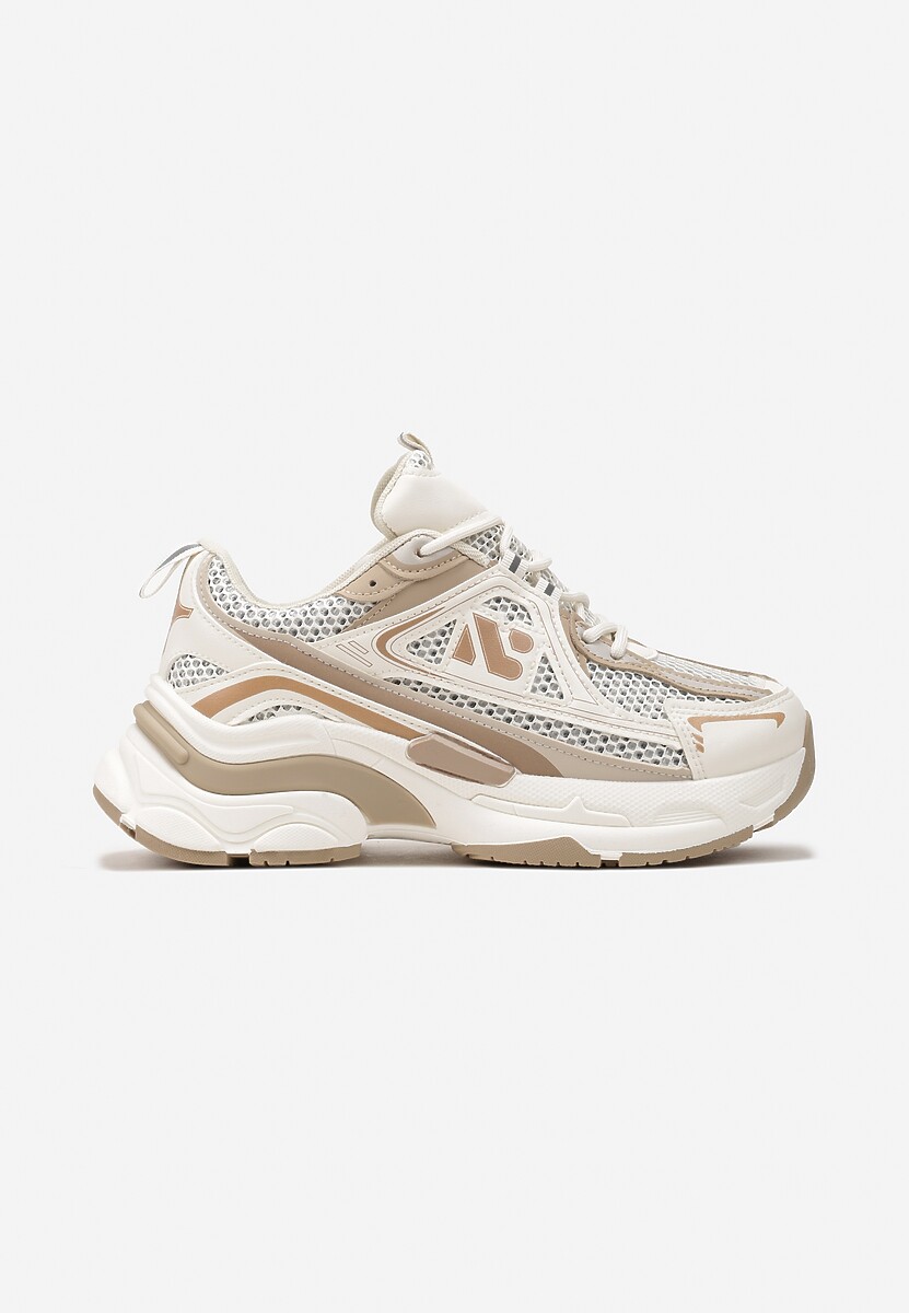Beżowe Sneakersy na Grubej Podeszwie Ozdobione Siateczkowymi Wstawkami Korianna