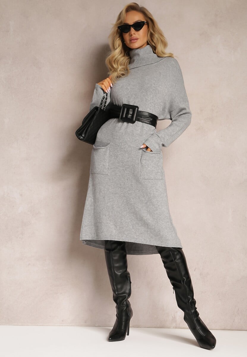 Szara Pudełkowa Sukienka Dzianinowa z Golfem i Wsuwanymi Kieszeniami Karimelle