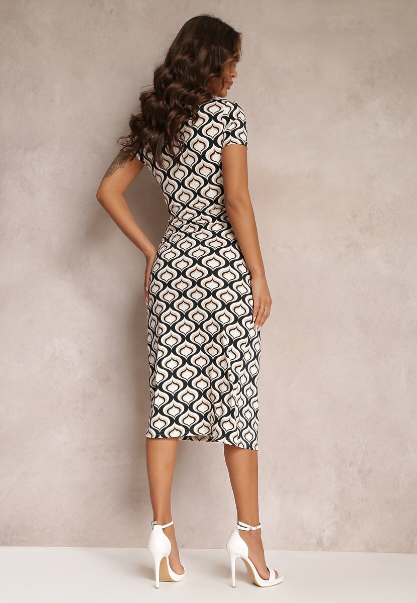 Beżowa Kopertowa Sukienka w Geometryczny Wzór Cosma