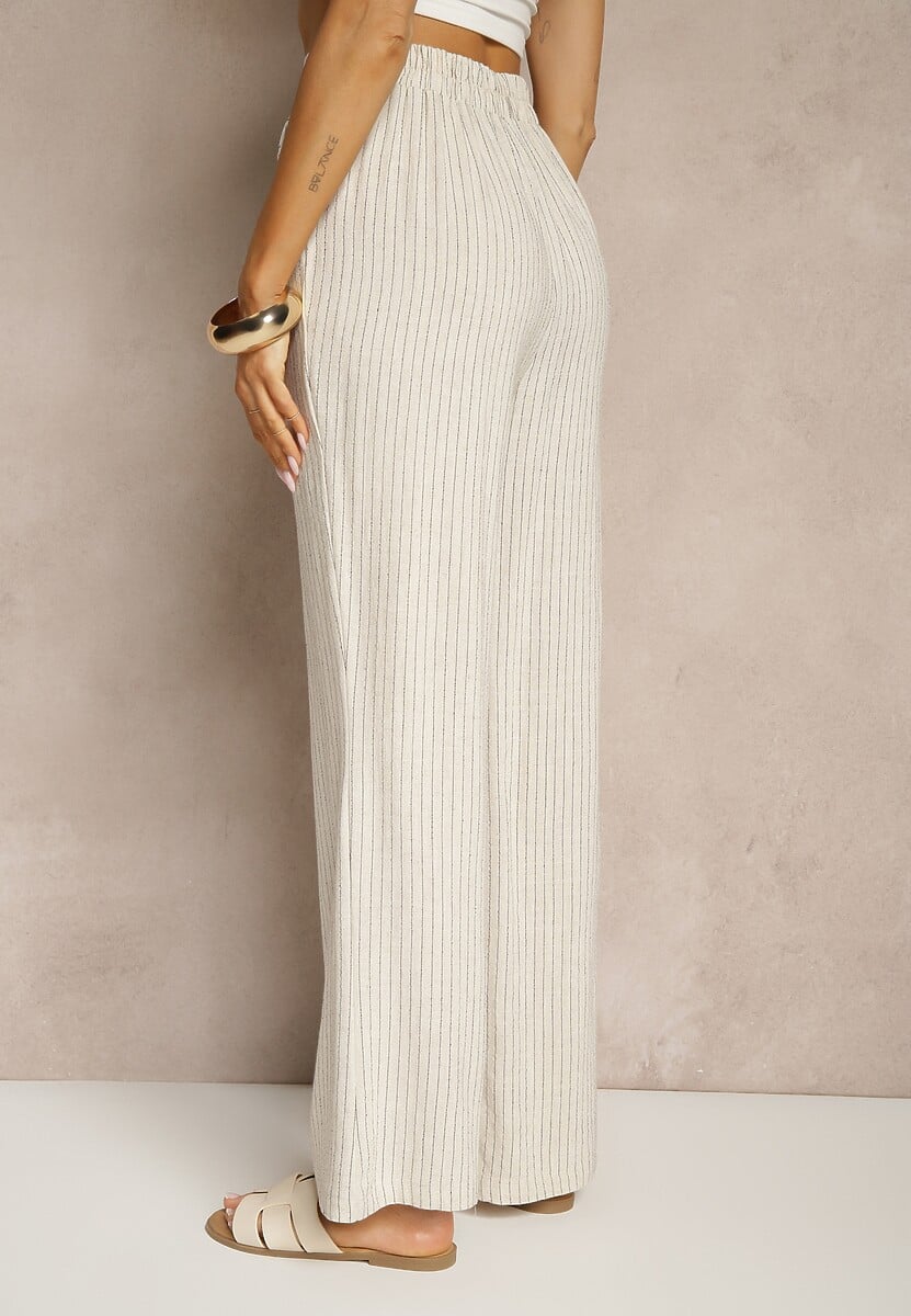 Beżowe Szerokie Spodnie High Waist z Lnu i Bawełny Ivelpio